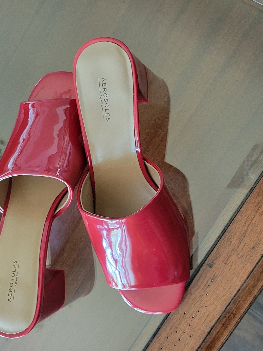 AEROSOLES Red Patent Open-Toe Slide Mules